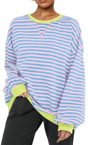 PANOZON Felpa Oversize da Donna a Righe a Maniche Lunghe Pullover Top Girocollo con Orlo a Contrasto Camicie Vintage Autunnali Donna(S,Blu Viola)