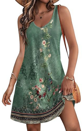 Hotouch Sommerkleid Damen V-Ausschnitt Ärmellos Blumenkleid Knielang Strandkleid Leicht Kurz Kleid mit Taschen Freizeitkleid Lässig Casual Boho Minikleid Grün M