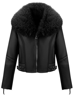 Geschallino Damen Kunstleder Wildlederjacke Sherpa gefüttert Warmer Winter Biker Mantel mit Pelzkragen 267 Schwarz M