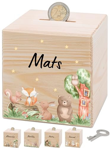 Bärenfreunde® - Personalisierte Spardose Kinder aus Holz mit Metallschloss - Spardose mit Namen mit kinderfreundlichem UV-Druck zum Sparen für Kinderträume (Tiere Stern Baumhaus)