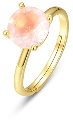 Bague Or - ANAZOZ Bague Solitaire Ronde en Argent Réglable, Plaqué Or 10 Carats, Orné de Quartz Rose 8X8mm, Bijoux Femme Fantaisie