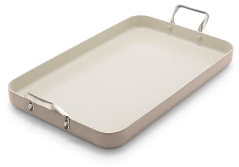 GreenPan Doppelbrenner-Grillpfanne, 45,7 x 27,9 cm, harteloxiert, gesunde Keramik, antihaftbeschichtet, PFAS-frei, Edelstahl-Griffe, Herdplatte, spülmaschinenfest, ofen- und grillfest, Taupe