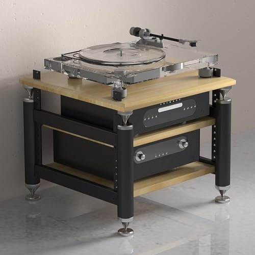 LYXWGRZD Audio Rack HiFi Regal, Multifunktions-Phonoschrank mit offenem Stauraum, Record Player Stand mit verstellbaren Regalen, HiFi Rack mit Stahlrahmen, for Zuhause/Büro/Kino(Wood Color,56cm/22in)
