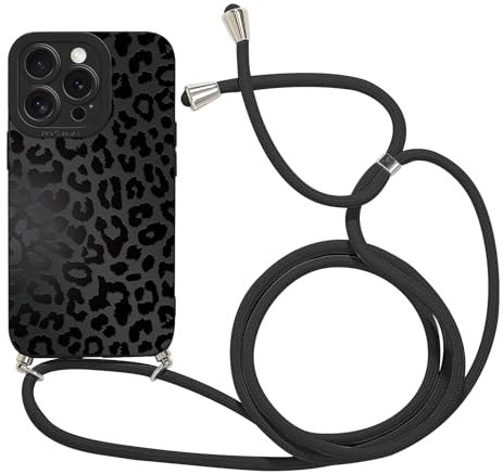 Coalbooliy Coque avec Cordon pour iPhone 16 Pro 6,3 avec Motif Noir Imprimé Léopard Case, Aesthetic Silicone Étui Collier Réglable Corde Cover Souple TPU Antichoc Housse Protection pour Femmes, 03