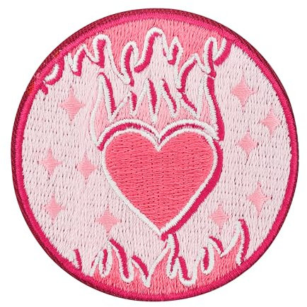 Finally Home Patch zum Aufbügeln - Rosa Flammen Herz | Y2K Retro Patches, Feuer Aufbügler, Kleiner runder Flicken, Pinker Girl Aufnäher