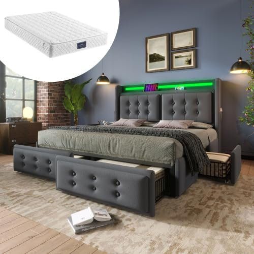 Polsterbett Doppelbett 160x200, LED Stauraumbett Jugendbett mit 4 Schubladen&USB C Ladefunktion&Staufach, Bett Funktionsbett Rückenlehne Bettgestell mit Holz Lattenrost, Baumwolle, Mit Matratze, Grau