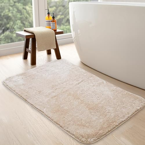 Bonny Home Beige rutschfeste Badematte 80x150| Plüsch Badteppich | Weiche Bad- und Duschvorleger | Für Bad, Dusche und Toilette Maschinenwaschbar, Schnell Trocknend Badvorleger Relax