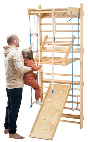 VEVOR schwedische Leiterwand 8 in 1 Kletterspielzeug aus Holz für Spielplätze, 100 kg Tragkraft, schwedische Wandleiter mit Klimmzugstange & Turnringen & Schaukelsitz & Strickleiter & Wandleiter