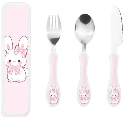 Big Kids Besteckset Löffel, Messer und Gabel Sets Kinder Bestecksets Lebensmittelecht Edelstahl (Cartoon Bogen Hase)