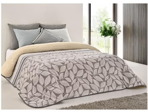 Acomoda Textil – Edredón Nórdico de Sedalina con Borreguito. Edredón Sherpa Estampado para Cama de 135 y 150, Manta Cama Matrimonio y Sofá de Invierno, Cálida y Suave. (Hojas, 240x250 cm)