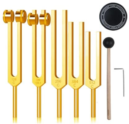 NEWFUN Stimmgabel,Stimmgabel Neurologie,Stimmgabel 128 Hz,Set von 5 Stimmgabeln (128HZ, 136.1HZ, 256HZ, 384 Hz, 512 Hz) für Klangtherapie Gewichtete Stimmgabel Geeignet für Meditation