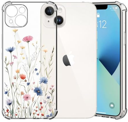 ChoosEU Transparent Hülle für iPhone 13 Weich TPU Silikon Case mit Blume Muster Motiv für Mädchen Frauen Dünne Handyhülle Stoßfeste Airbag Schutzhülle Durchsichtig Cover - Blau Rosa