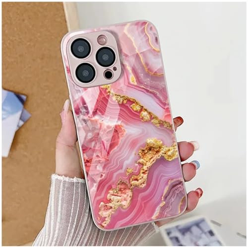 Vanqiang Marble Phone Case for iPhone 16 15 14 13 11 12 Pro Max Plus Tempered Glass Case Cover (Pink PH44,For iPhone 14)