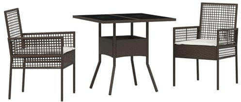 vidaXL Conjunto de Comedor de jardín de 3 Piezas en ratán y poliéster marrón. Incluye 2 sillas y una Mesa de Cristal Templado Uso al Aire Libre y aporta un Toque Moderno y Elegante