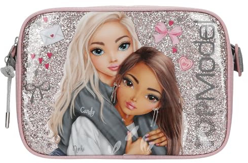 Depesche 13279 TOPModel My BFF - Umhängetasche in Rosa und Grau, mit Model Motiv und Glitzer, Handtasche mit längenverstellbarem Tragegurt