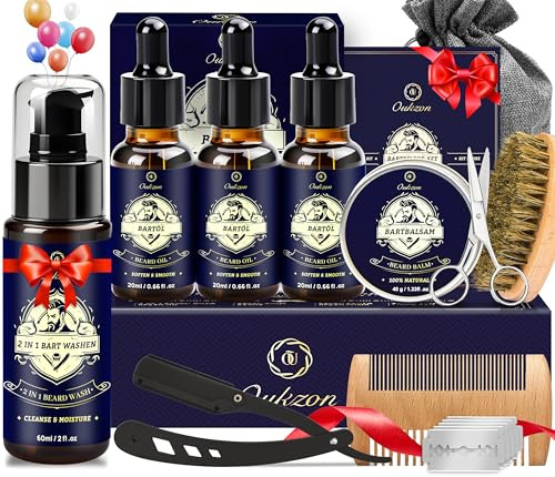 Oukzon Beard Grooming Kit for Men, 11 in 1 Beard Care Set w/Beard Wash & Conditioner 60ML, 3 Beard Oil, Beard Balm, Beard Brush, Straight Razor, Stocking Fillers Christmas Gifts for Men, Dad, Him