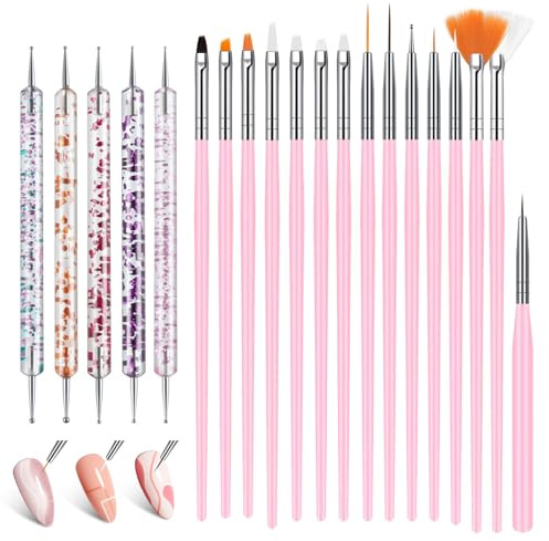 AYBUY Nail Art Brushes Set, 15pcs Nail Design Painting Brushes and 5pcs Nails Dotting Pen, Paint Manicure Dot Nails Art Set for Diy & Professional Use, Pink