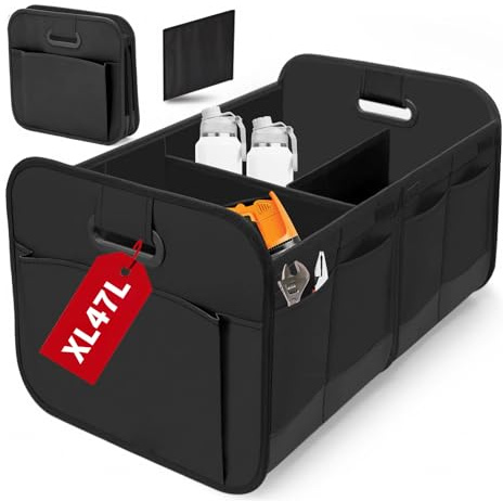 Unifyrtek Rangement Coffre de Voiture, Grand Contenant de Stockage éTanche Avec Séparateur Amovible Et Poches LatéRales, Organisateur de Coffre Automobile Pour Voitures, Suv, Camping Et Courses (1)