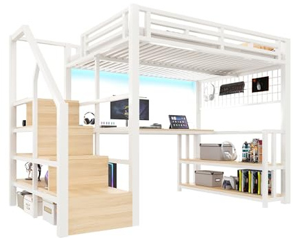 SOFTWEARY Hochbett mit RGB LED-Streifen, Schreibtisch, Treppe, Regal, Wandgitter, USB, Type-C, Lattenrost, Kinderbett, Metallbett (weiß, 140x200 cm)