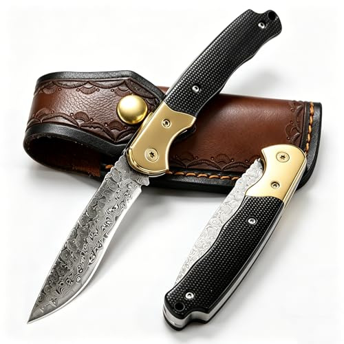 XEESHININ Damast Taschenmesser Zweihandmesser G10-Griff Kunstlederscheide | Handliches Klappmesser als EDC Messer Outdoor Messer und Bushcraft Messer für Camping Wandern und Jagd mit klassischem Design