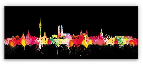 Kunstbruder München Panorama Bild Wandbild Skyline München Neon (div. Größen) - Kunst Druck auf Leinwand 20x50cm