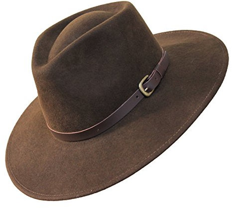 B&S Premium Lewis - Fedora Hut mit breiter Krempe - 100% Wollfilz - wasserfest - Lederband - 54cm Dunkelbraun