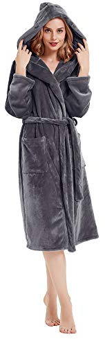 HOLOVE Damen-Bademantel mit Kapuze, Fleece, warm, Frottee, Spa, Nachtwäsche, dunkelgrau, Small-Medium