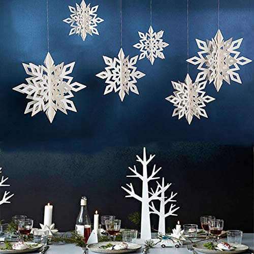 DegGod 12 decorazioni natalizie invernali da appendere a forma di fiocco di neve, in cartone 3D, con fiocchi di neve scintillanti, per albero di Natale, casa, Capodanno, decorazione per feste (bianco)