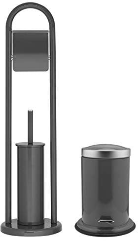 Sealskin Acero Toilettenpapierhalter + Toilettenbürste, WC-Garnitur aus Edelstahl, Farbe: Grau + Abfalleimer Acero, Kosmetikeimer aus Edelstahl, Farbe: Grau, Inhalt: 3 L