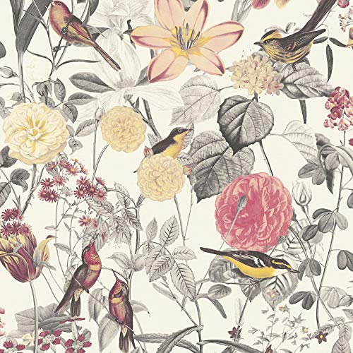 Englische Tapete mit Vögel Muster rot gelb creme | Vintage Blumentapete mit Vogel und Lilie | Romantische Vlies Vogeltapete mit Blumen für Schlafzimmer | Rolle (10,05 x 0,53 m) = 5,33 m²