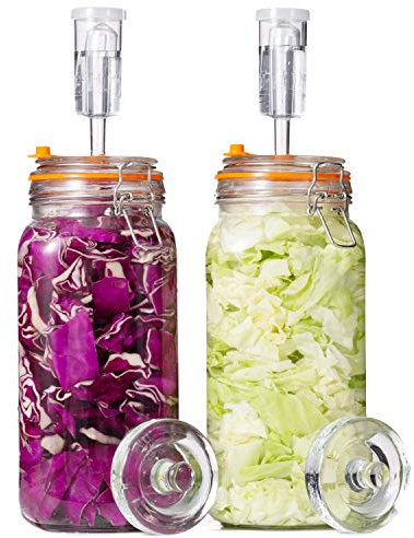 JILLMO Wide Mouth Glass Fermentation Jar with Airlock & Glass Weight, 2L (64oz) Fermenting Jar for Sauerkraut, Kimchi, Pickles & More,Pack of 2