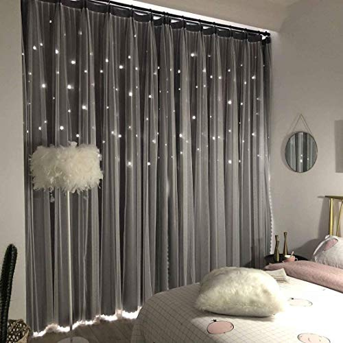 Unistar 2 Paneele Sterne Verdunkelungsvorhänge für Schlafzimmer, Mädchen, Kinder, Baby-Fenstervorhang, doppellagig, Sternausschnitt, ästhetische Wohnzimmer-Dekoration, B 132xL 213 cm, Grau