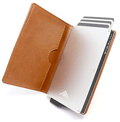 Stealth Wallet RFID Card Holder Wallet - Smart Minimalist Pop Up Wallets with Gift Box - Slim Lightweight Metal Credit Card Holders for Men & Contactless Protector (Silver Aluminium, Tan Leather)