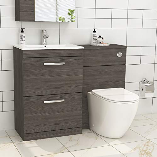 1100mm Modern Grey Elm Bathroom 2 Drawers Minimalist Vanity Unit Basin Sink & Slim Elva Rimless Pan + Toilet Furniture Set