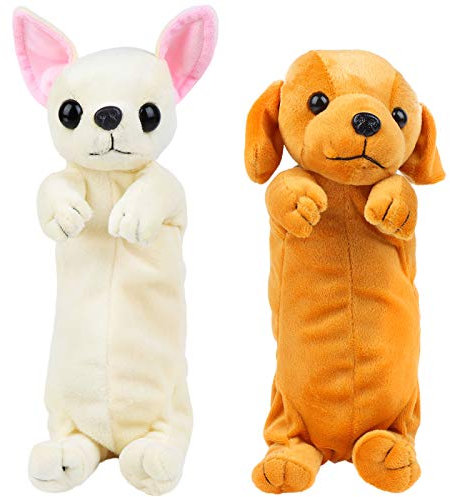 Poluka Federmäppchen in Hundeform, 3D-Plüsch-Federmäppchen, süßes Welpen, weich, gefüllt, multifunktional, Aufbewahrungstasche mit Reißverschluss, für Schule, Studenten, Kosmetik-Organizer, 2 Stück