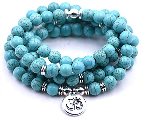 Self-Discovery 108 natürliche Perlen Mala Yoga Schmuck Meditation Perlen Armband Halskette mit Yoga Symbol Charme, One Size, Stein, Perlen, Türkis