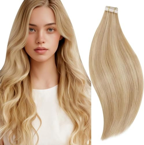 RUNATURE Echthaar Extensions Tape Blond Highlights 35cm Tape Extensions Echthaar Blond Menschliches Haar 20 Stuck 50g Tape in Extensions Echthaar Goldblond Mit Hellblond #16P24