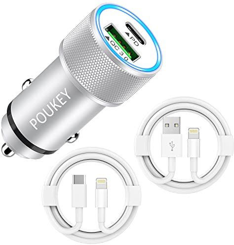 iPhone Car Charger USB C[Apple MFi Certified],Poukey 38W PD&QC3.0 Fast USB C Car Charger Adapter in Car Phone Charger Cigarette Lighter with 2x Lightning Cable for iPhone 14 13 12 11 Pro Max/XR/X/8/SE