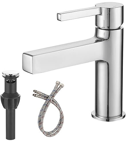 BATHLAVISH Bathroom Sink Faucet Polished Chrome Single Hole with Pop Up Drain with Overflow Parts Single Handle Modern Deck Mounted Lavatory Vanity Mixer Tap