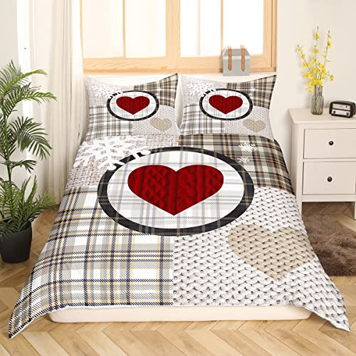 Love Print Ensemble de housse de couette Ensemble de literie à carreaux à rayures géométriques rétro Noël Snowflake Dekor Housse de couette en microfibre douce avec cœur rouge pour couples amoureux