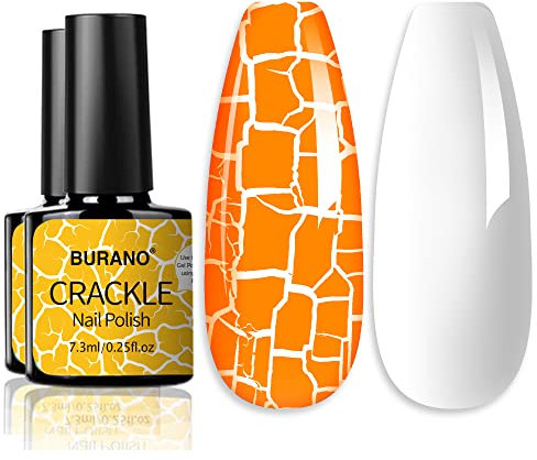 BURANO Crackle Gel Nail Polish, Cracked Nail Polish Orange Color + White Gel Nail Polish 2 Bottles Set Air Dry UV LED Lamp Needed (Orange)