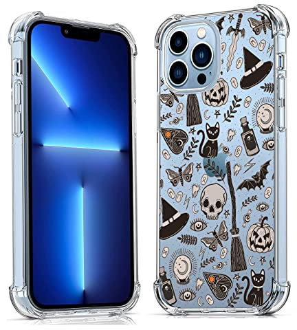 Vesidurt Black Halloween Clear Case for iPhone 13 Pro,Pumpkin Skull Bat Collage,Trendy Transparent Soft TPU Bumper Case for iPhone 13 Pro