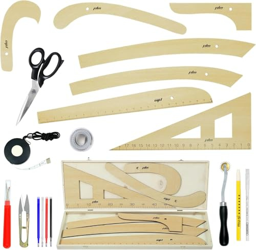 FDM 14-teiliges Holz-Mode-Zeichenlineal-Set: gebogene und gerade Lineale, Gehrungsset, Spezialkarton