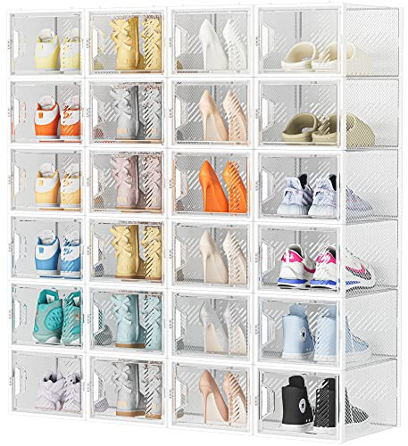 SIMPDIY Boîtes à chaussures,24 pcs Rangement Chaussures Plastique Transparent Boite Rangement,Conteneurs pour Organisateur de Chaussures avec Couvercles 33.2 x 25 x 18.7cm