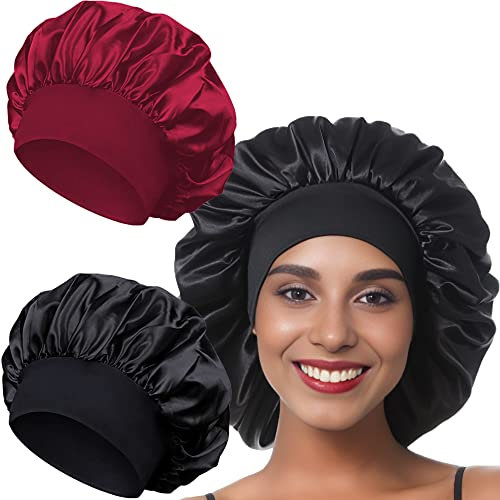 2 Stück Satin Haarhaube, Satin Bonnet Nacht Verstellbare Elastisch Schlafmütze zum Schutz der Haare Schlafhaube Seide Damen Weiche Sleep Cap