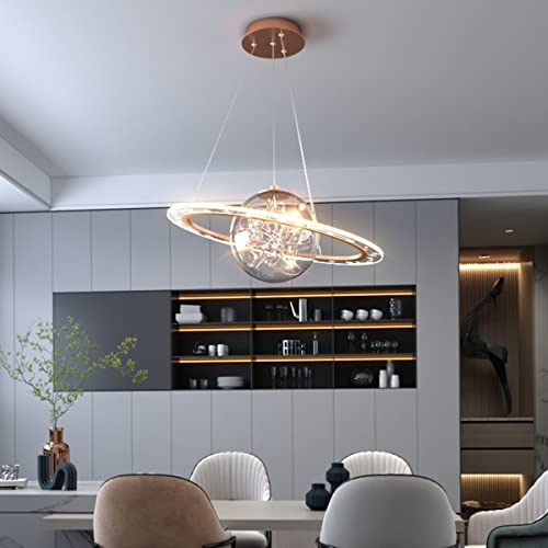 Bellastein Dimmbar Planet Hängelampe Rund Design Modern Kinderzimmer Deckenleuchte mit Fernbedienung und Glaskugel Pendellampe Höhenverstellbar Schlafzimmer Wohnzimmerlampe (Roségold, L48cm/31W)