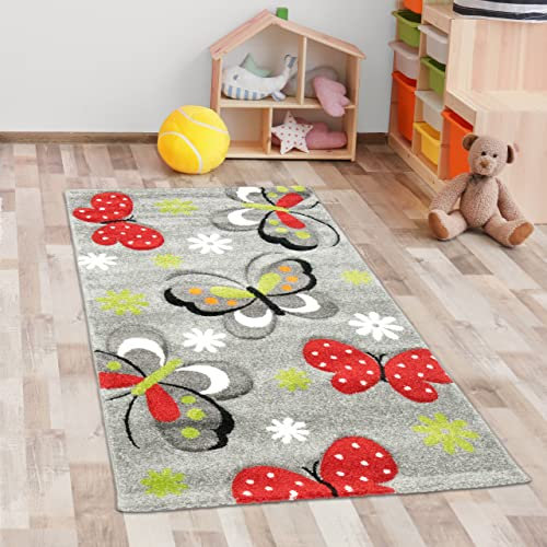 CARPETIA Bunter Kinderzimmerteppich mit Schmetterlingen — Allergikerfreundlich — grau, 80 x 150 cm