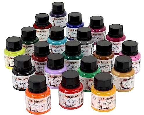 Liquidraw Juego de 20 tintas acrílicas para artistas, impermeables, 35 ml, profesional, para pintura, arte, pinceles, papel, tablero, lienzo, tela y madera