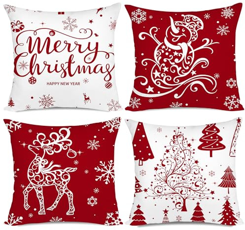 Miaikoe Kissenüberzüge mit weihnachtlichem Motiv, Weihnachtsdekoration, Bäume, Hirsch, Schneemann, „Merry Christmas“, dekorativ, Landhaus-Stil, für Feiertage, Rot, 55 x 55 cm, 4er-Set