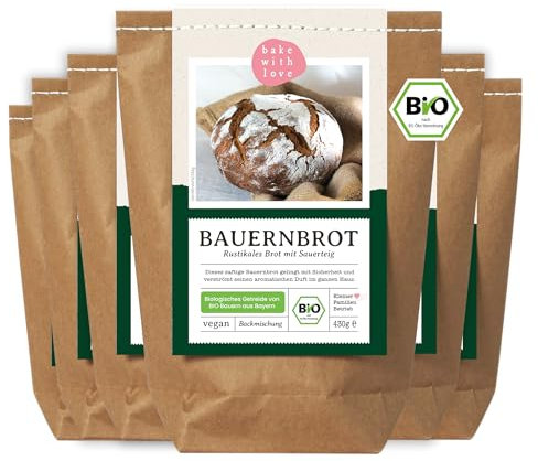 Bauernbrot Bio Backmischung - Brotbackmischung für Sauerteigbrot Brot mit Sauerteig selber backen - 100% Zutaten aus Deutschland - auch für Brotbackautomaten geeignet -Bake with Love (6er Pack)